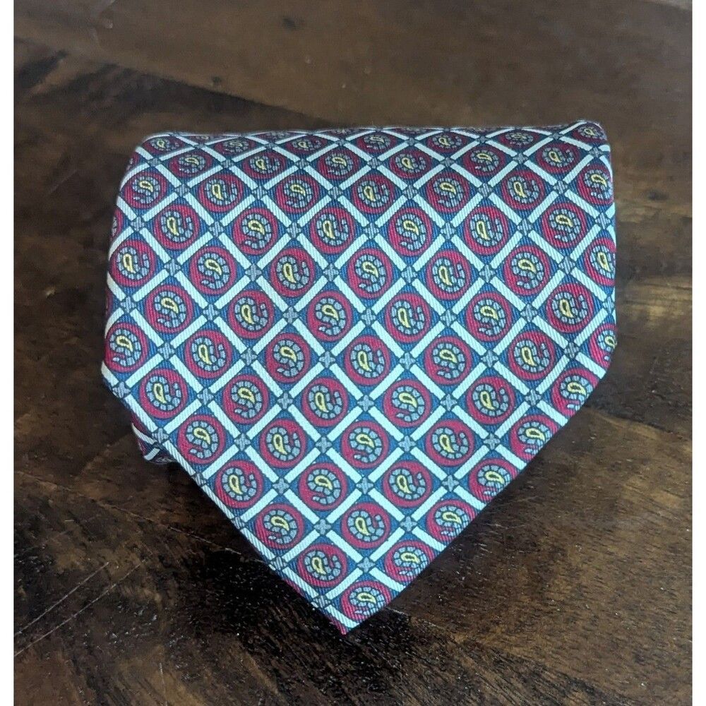 Robert Talbott Men's Finest Silk Tie Red & Gray Geometric Paisley Hand Sewn USA